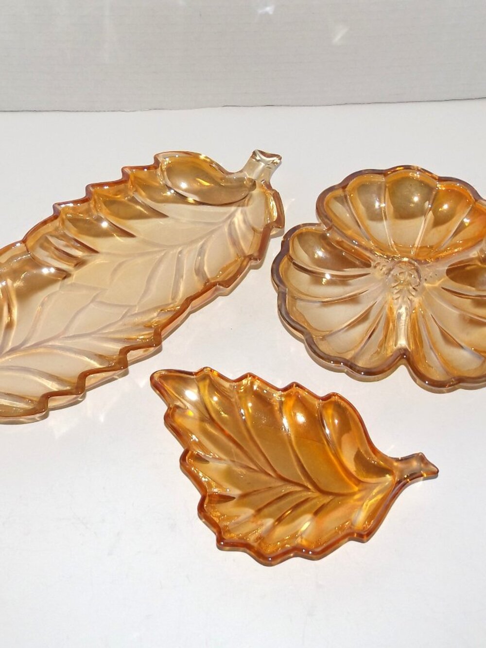 3 Pc Vintage Marigold Iridescent Carnival Leaf Dishes Jeanette & Indiana Glass